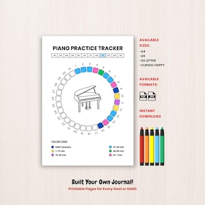 Może przedstawiać: Wydrukowany tracker ćwiczeń na pianinie z ilustracją fortepianu pośrodku, otoczony kolorowym okręgiem do śledzenia dni ćwiczeń. Zawiera kody kolorów dla interwałów czasowych i tekst "PIANO PRACTICE TRACKER". Dostępny w rozmiarach A4, A5, US Letter i Classic Happy.