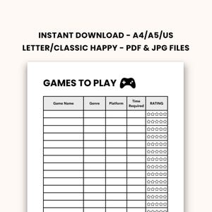 Games to Play Log Printable Gaming Tracker Gaming Journal Page Video Games Chart Rpg Game Tracker Games Wishlist Sheet Template Saving Games