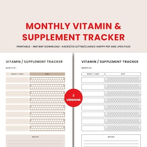 Daily Vitamin Tracker Printable Supplement Log Chart Pill Tracker Vitamin İntake Sheet, Medication Log Health Planner Med List Template PDF