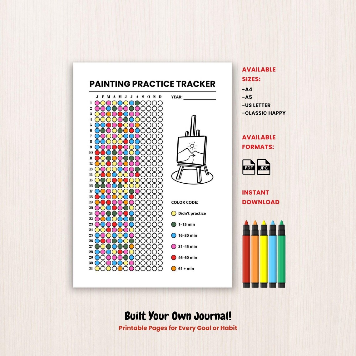 Painting Tracker Yearly, Printable Painting Practice Log, Digital ...