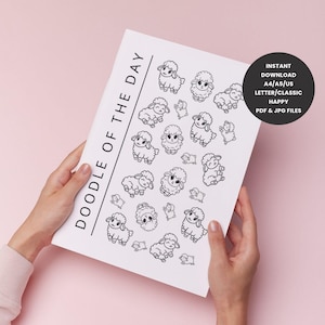 Página de diario de dibujo imprimible del día de ovejas, plantilla de planificador, linda hoja para colorear, desafío de doodle para niños, letra de doodle diaria para imprimir