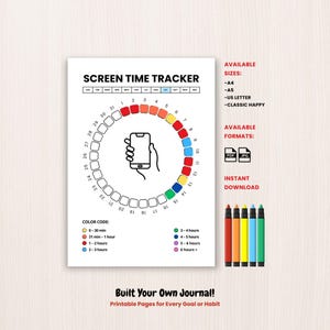 Puede incluir: Un rastreador de tiempo de pantalla imprimible blanco con un diseño circular, un gráfico de una mano sosteniendo un teléfono y un código de color. El texto dice "Screen Time Tracker" y "Built Your Own Journal!" con tamaños y formatos disponibles.