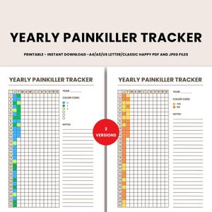 Medicatielogboek Afdrukbare jaarlijkse pijnstillertracker Gezondheidstrackerkaart Dagelijkse pillentracker Meds-tracker Medicatiedagboekpagina bijhouden
