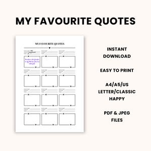 Favourite Quotes Journal Page Printable Book Quotes Tracker Reading Diary Template Inspirational Quotes Log Sheets Digital Planner Insert a4