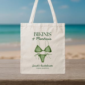 Custom Bachelorette Bikinis & Martinis Tote Bag – Personalized Name Beach Bag, Bach Canvas Bag, Holiday Gift, Bridesmaid Bachelorette Gift
