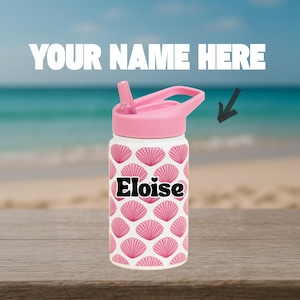 Personalized Seashell Kids Water Bottle – Custom Name Pink Tumbler – 16oz Stainless Steel Spill-Proof Beach Bottle – Girl Birthday Gift Idea