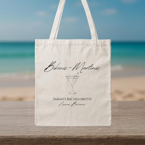 Custom Bachelorette Bikinis & Martinis Tote Bag – Personalized Name Beach Bag, Bach Canvas Bag, Holiday Gift, Bridesmaid Bachelorette Gift
