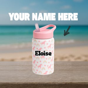 Personalized Kids Water Bottle – Unicorn Rainbow – Custom Name 16oz Stainless Steel – Toddler Tumbler – Dishwasher Safe Water Bottle