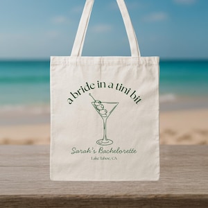 Custom Bachelorette Bride in a Tini Bit Tote Bag – Personalized Name Beach Bag, Bach Canvas Bag, Holiday Gift, Martini Bachelorette Gift