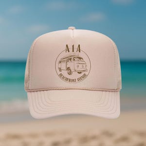 A1A Beachfront Avenue Trucker Hat – Florida Surf Van Cap, Coastal Beach Hat, Heat Vinyl Design, Retro Summer Accessory