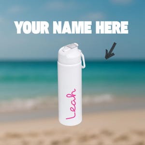Personalized Pink Island Water Bottle – Custom Name Beach Bottle, Pink Script Font, Holiday Gift, Villa Vibes, Summer Accessory, Bombshell