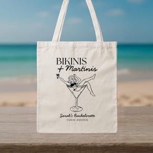 Custom Bachelorette Bikinis & Martinis Tote Bag – Personalized Name Beach Bag, Bach Canvas Bag, Holiday Gift, Bridesmaid Bachelorette Gift