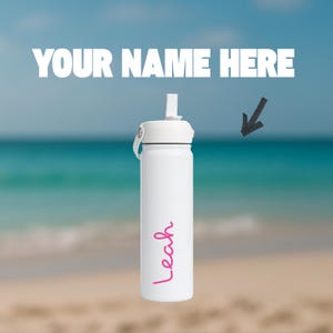 Personalized Pink Island Water Bottle – Custom Name Beach Bottle, Pink Script Font, Holiday Gift, Villa Vibes, Summer Accessory, Bombshell