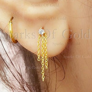 14K Yellow Gold Triple Chain Stud Earrings, 0.07 Ct Real Diamond Studs, Single Diamond Studs, Chandelier Chain Studs, Party Wear Jewelry