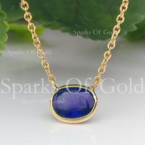 Blue Sapphire Charm Necklace, 14K Yellow Gold Cable Chain