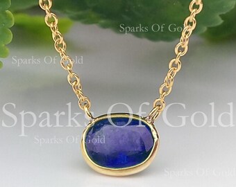 Blue Sapphire Charm Necklace, 14K Yellow Gold Cable Chain