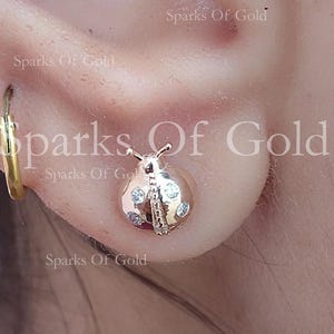 14k Solid Rose Gold Natural Diamond Ladybug Stud Earrings Handmade Fashion Insect Jewelry for Womens