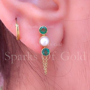 14K Solid Gold Bezel Set Emerald and Pearl Stud Chain Earrings Party Wear Gemstone Jewelry Birthday Gift for Wife