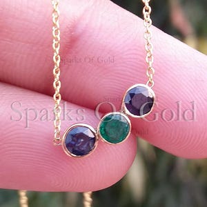 Minimalist 0.92 Ct Emerald and Blue Sapphire Charm Necklace Solid Yellow Gold 10K/14K/18K Jewelry Gift for Her
