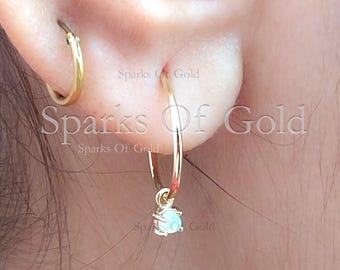Ethiopian Opal Charm Huggie Hoop Earrings, 14K Yellow Gold