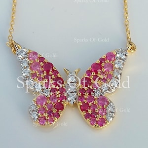 Solid 14K Yellow Gold SI Clarity GH Color Diamond and Pink Sapphire Butterfly Necklace Handmade Jewelry Gift for Her