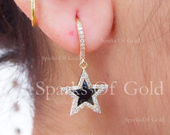 14K Gold Star Dangle Earrings, Diamond Pave, Black Onyx