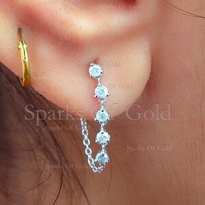 Chain Earrings / 14k Gold Prong Setting Diamond Studs Chain Earrings / Dangle Earrings / Statement Earrings / Dainty Diamond Earrings