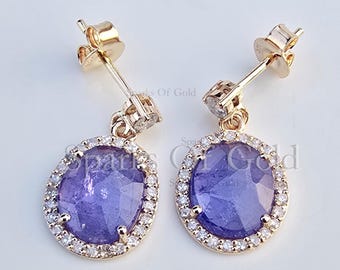Tanzanite Diamond Dangle Earrings, 14K Rose Gold Wedding Jewelry