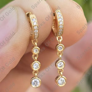 Diamond Huggie With Three Bezel Drop Earrings 14K Solid Yellow Gold Party Wear Jewelry Anniversary Gift, Christmas Gift for Her