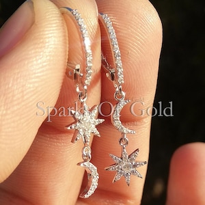 0.42 Ct Natural Diamond Starburst and Moon Charm Dangle Earrings Solid White Gold 14kt Jewelry Religious Christmas Gift