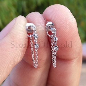 14K Solid Gold 0.09 Ct Real White Diamond Chain Dangle Earrings White Gold Minimalist Jewelry Anniversary Gift