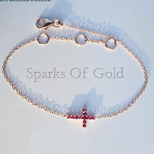Ruby Cross Bracelet: 14K Gold Gemstone Charm, Cable Chain