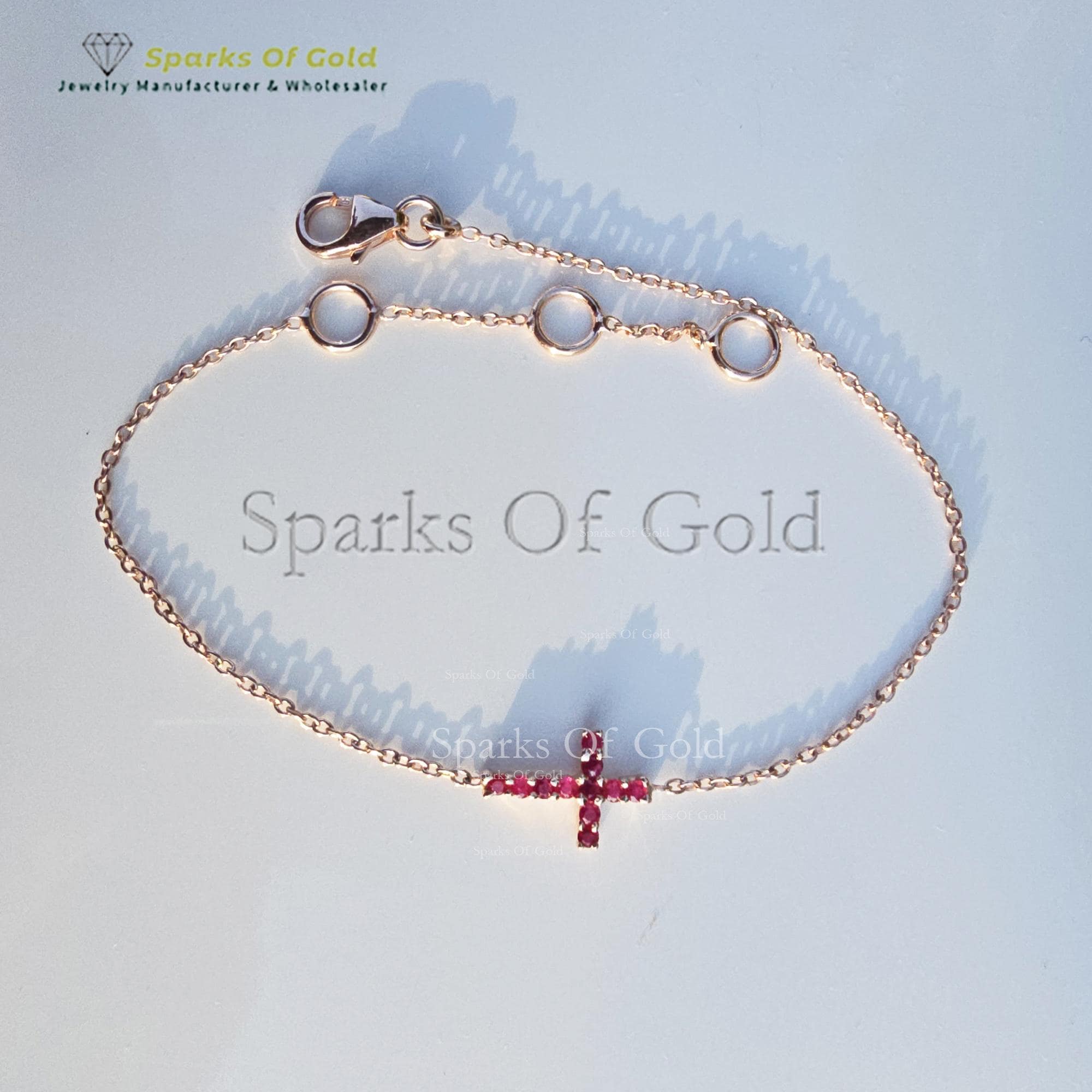 Ruby Cross Bracelet: 14K Gold Gemstone Charm, Cable Chain