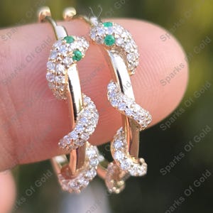 Diamond Emerald Snake Hoop Earrings: 18K Yellow Gold Party Jewelry