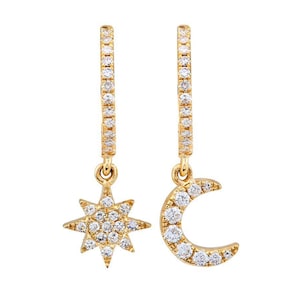 Natural 0.19 Ct Diamond Mismatch Starburst and Moon Dangle Huggie Earrings 14k Solid Yellow Gold Religious Jewelry Gifts