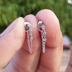 14K Solid Gold 0.09 Ct Real White Diamond Chain Dangle Earrings White Gold Minimalist Jewelry Anniversary Gift