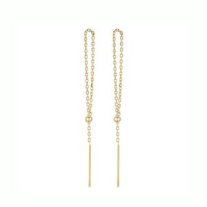 May include: A pair of gold-coloured chain earrings. Each earring has a delicate chain that loops at the top, with a small decorative element and a straight bar pendant at the bottom. The earrings are set against a white background.