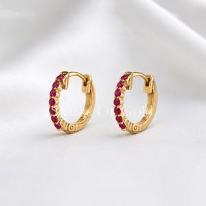 14k Solid Gold Ruby Huggie Hoop Earrings, Dainty Stacking Hoops