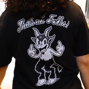 Dat is alles, mensen! - Duivel T-shirt - Punk Cartoon Grafisch T-shirt - Unisex Biologisch Katoen - Donker Humor Ontwerp uit Barcelona