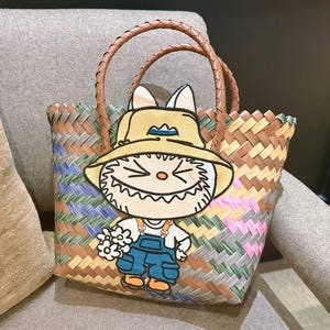 Handmade Bamboo Handbag Cartoon Doll Embroidery Tote Bamboo Women's Tote Handbag With Cute Pattern Knitting Tote Popular Handmade Handbags