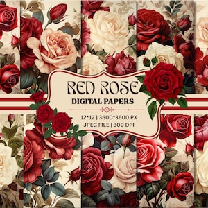 Carta digitale floreale rossa, sfondo HD, carta da parati floreale, stampe d'arte digitale, acquerello di rose, sfondo di rose, carta da parati floreale vintage