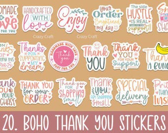 20 Boho Danke Aufkleber PNG Bundle