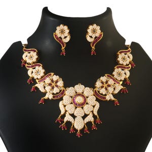 Traditional Indian Bridal Brass Long Necklace Set with Pearls & Red Stones – Ethnic Wedding Jewelry