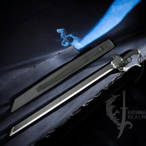 May include: A black sword with a silver edge and a complex mechanical hilt, accompanied by a matching black scabbard. The sword features a textured grip and a curved guard. The text KATANA REALM is visible in the lower right corner.