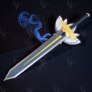 May include: A decorative sword with a gray blade and a yellow stripe down the center. The hilt is black with gold accents and a blue gem. A blue, cloud-like design is behind the sword.