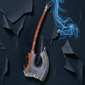 May include: A detailed image of a battle axe with a brown leather-wrapped handle and a silver blade. The axe head features intricate carvings and a decorative silver pommel. The background is a dark, textured surface with torn edges.