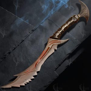 May include: A decorative dagger with a curved blade and a textured handle. The blade has a serrated edge and red accents. The handle is wrapped in a brown material with silver-coloured embellishments. The dagger has a bronze finish and a curved, pointed tip.