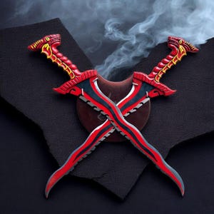 Può includere: Due pugnali decorativi incrociati con lame e manici rossi. I manici sono decorati con un disegno a serpente rosso e giallo. Le lame presentano un design nero e blu. I pugnali sono posti su uno sfondo scuro con effetto fumo.