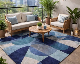 Modern Geometric Blue Area Rug for Balcony Lounge