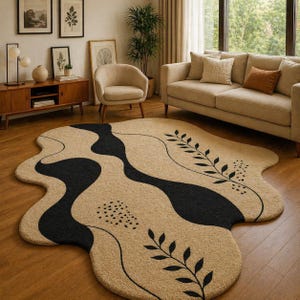Modern Abstract Irregular Shape Rug – Beige & Black Organic Pattern Carpet